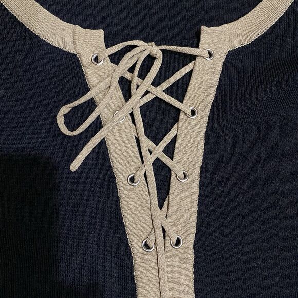 Cable & Gauge Lace up Pullover Top Sz M Black Tan Stretch Casual Blouse Shirt - Picture 3 of 8